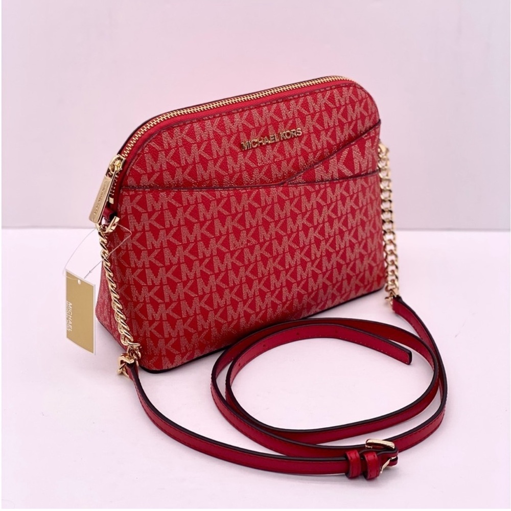 MICHAEL KORS Medium Logo Dome Crossbody Bright Red Metallic Multi